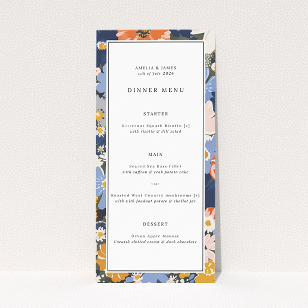 Modern Navy and Marigold Space Wedding Menu Design with Vibrant Floral Patterns on White Background. This is a view of the front