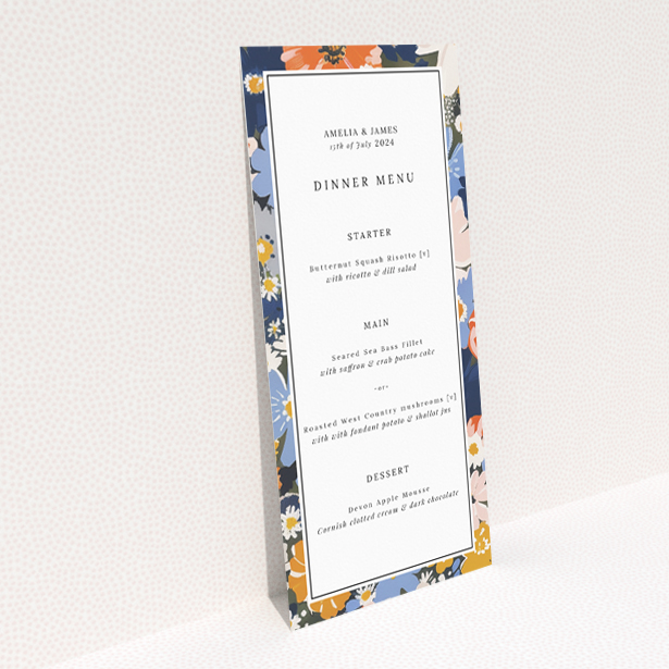 Modern Navy and Marigold Space Wedding Menu Design with Vibrant Floral Patterns on White Background. This is a view of the back