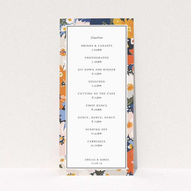 Modern Navy and Marigold Space Wedding Menu Design with Vibrant Floral Patterns on White Background. This is a view of the back