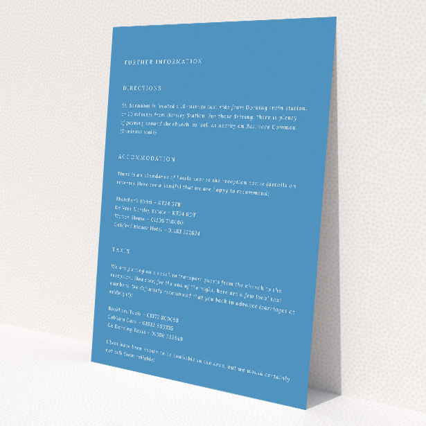 Wedding information insert card with crisp typography on a white backdrop and deep navy accents, part of the 'Offset Invitation' suite, reflecting a blend of tradition and contemporary style for a stylish presentation of wedding details This is a view of the front