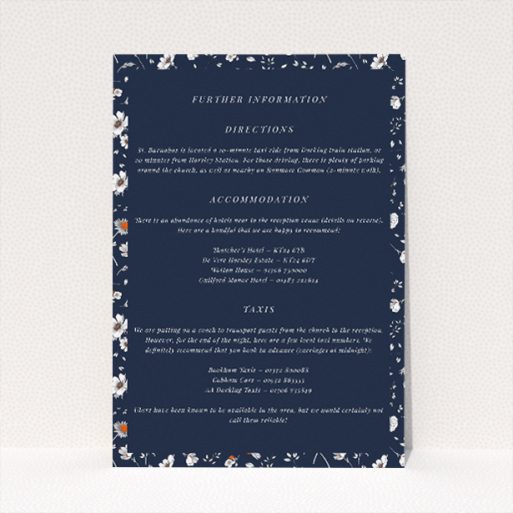Orange Bloom wedding information insert card with traditional floral motifs on navy backdrop. This is a view of the front