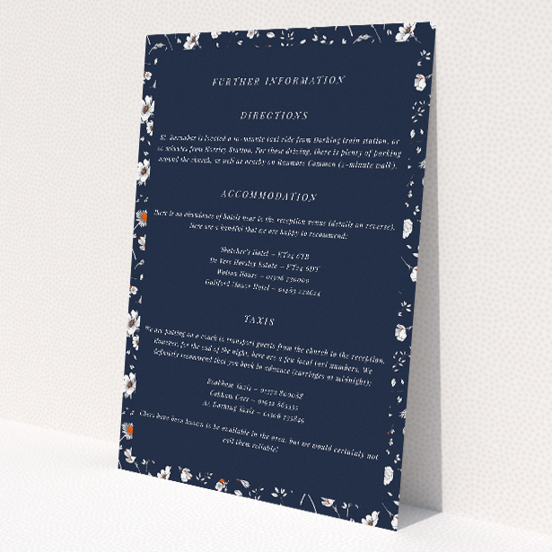 Orange Bloom wedding information insert card with traditional floral motifs on navy backdrop. This image shows the front and back sides together