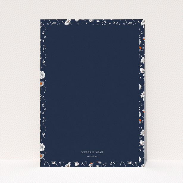 Orange Bloom wedding information insert card with traditional floral motifs on navy backdrop. This image shows the front and back sides together