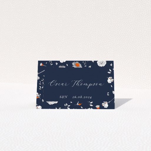 Orange Bloom navy floral place cards for wedding stationery. This is a view of the front