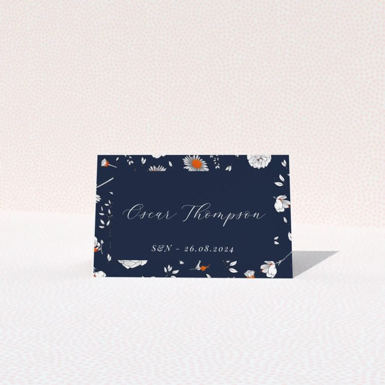 Orange Bloom navy floral place cards for wedding stationery. This is a view of the front