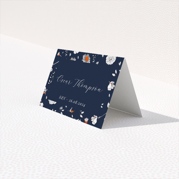 Orange Bloom navy floral place cards for wedding stationery. This is a third view of the front