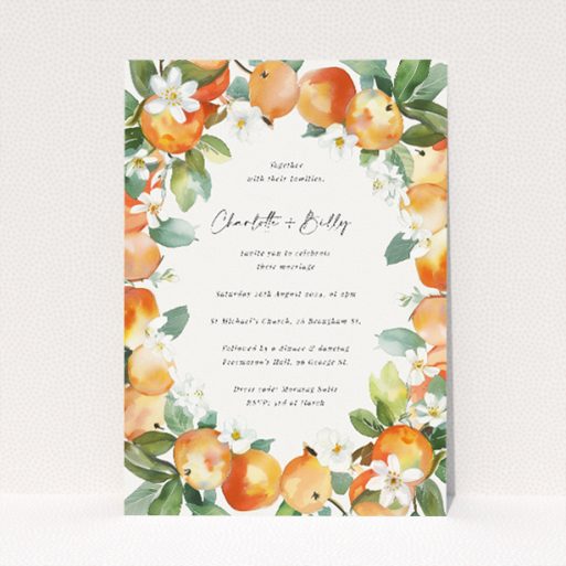 Utterly Printable Orchard Blossom Wedding Invitation - A5-sized design featuring watercolour fruits and flowers in peach, orange, and soft greens, perfect for couples seeking a bright and airy theme for their wedding stationery This is a view of the front