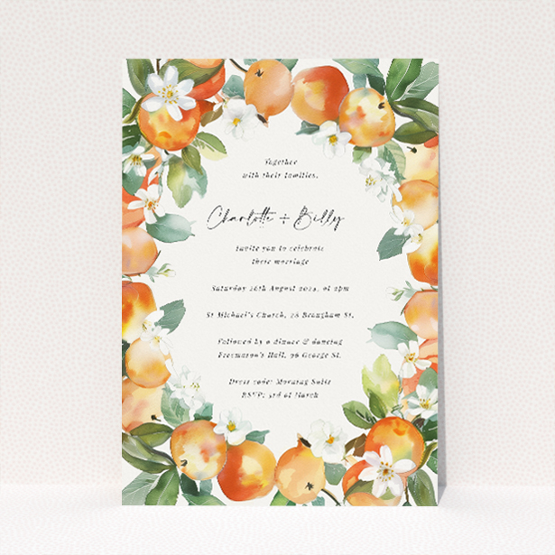 Utterly Printable Orchard Blossom Wedding Invitation - A5-sized design featuring watercolour fruits and flowers in peach, orange, and soft greens, perfect for couples seeking a bright and airy theme for their wedding stationery This is a view of the front