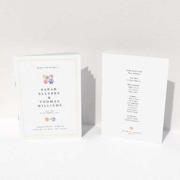 "Paris Floral A5 Wedding Order of Service booklet featuring delicate floral icons in blush pink, sky blue, buttery yellow, and soft coral on a cream background.". This image shows the front and back sides together