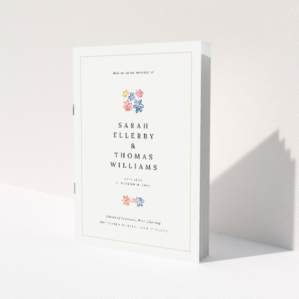 'Paris Floral A5 Wedding Order of Service booklet featuring delicate floral icons in blush pink, sky blue, buttery yellow, and soft coral on a cream background.'. This is a view of the front