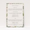 Wedding information insert card with lush garden scenes, intricately illustrated peacocks, and vibrant foliage, part of the "Peacock Garden" suite, embodying elegance with a whimsical touch for a celebration amidst nature's splendour This is a view of the front