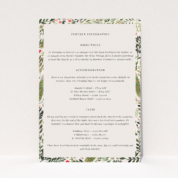 Wedding information insert card with lush garden scenes, intricately illustrated peacocks, and vibrant foliage, part of the "Peacock Garden" suite, embodying elegance with a whimsical touch for a celebration amidst nature's splendour This is a view of the front