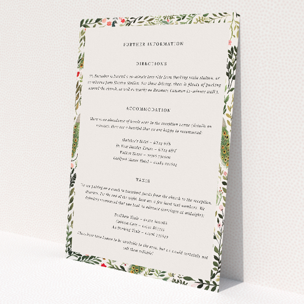 Wedding information insert card with lush garden scenes, intricately illustrated peacocks, and vibrant foliage, part of the 'Peacock Garden' suite, embodying elegance with a whimsical touch for a celebration amidst nature's splendour This is a view of the front