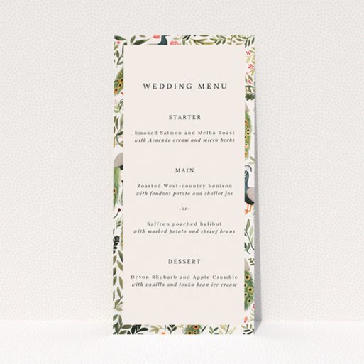 Elegant Peacock Garden Wedding Menu Design with Vibrant Green, Teal, and Warm Orange Colour Palette. This is a view of the front