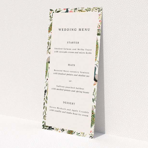 Elegant Peacock Garden Wedding Menu Design with Vibrant Green, Teal, and Warm Orange Colour Palette. This is a view of the front