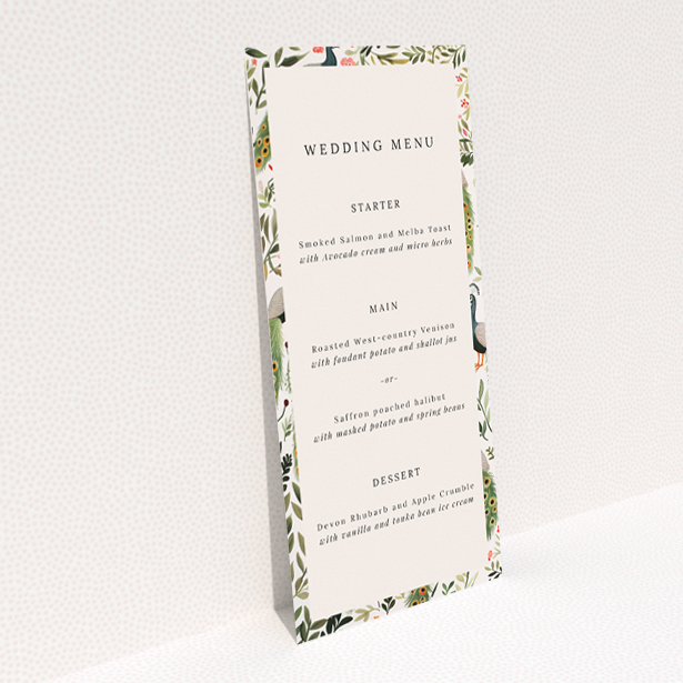 Elegant Peacock Garden Wedding Menu Design with Vibrant Green, Teal, and Warm Orange Colour Palette. This is a view of the back