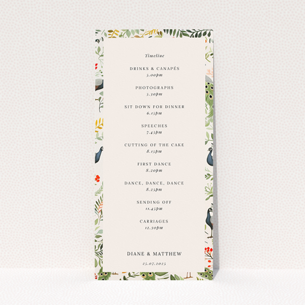 Elegant Peacock Garden Wedding Menu Design with Vibrant Green, Teal, and Warm Orange Colour Palette. This is a view of the back
