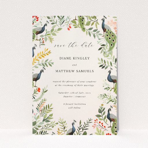 Peacock Garden wedding save the date card featuring charming peacocks amongst lush botanicals in shades of teal and grey, set on a crisp white background with soft green, yellow, and red florals, evoking an enchanting outdoor ceremony This is a view of the front