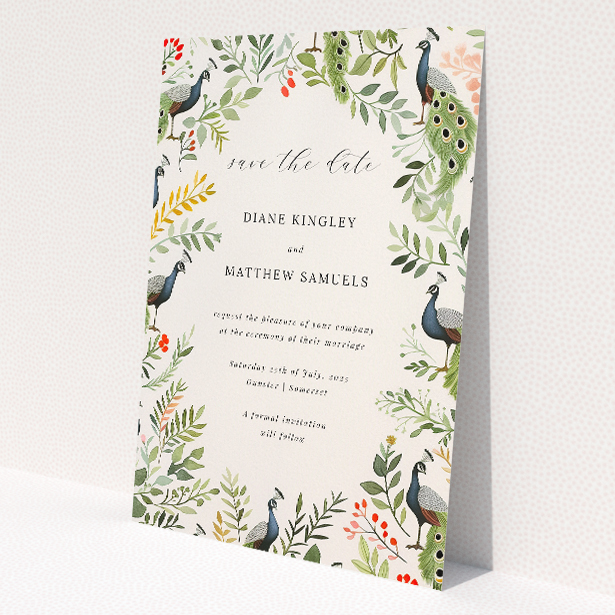 Peacock Garden wedding save the date card featuring charming peacocks amongst lush botanicals in shades of teal and grey, set on a crisp white background with soft green, yellow, and red florals, evoking an enchanting outdoor ceremony This is a view of the front