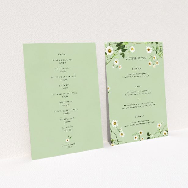 Utterly Printable Primrose Garland Wedding Menu - Delicate wildflower and greenery garlands on sage green background, perfect for countryside weddings This image shows the front and back sides together