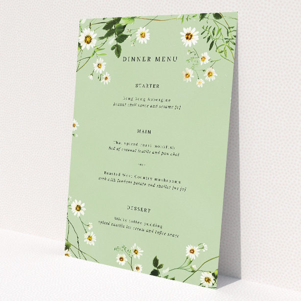 Utterly Printable Primrose Garland Wedding Menu - Delicate wildflower and greenery garlands on sage green background, perfect for countryside weddings This is a view of the front