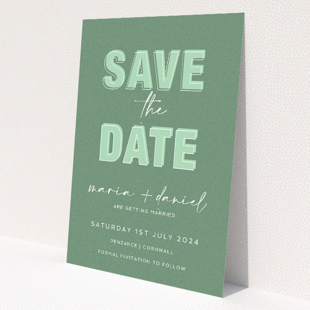 Sage Celebration wedding save the date card featuring contemporary sage green palette with bold sans-serif headline and delicate script for couple's names, evoking elegance and modernity for announcing the special day This is a view of the back