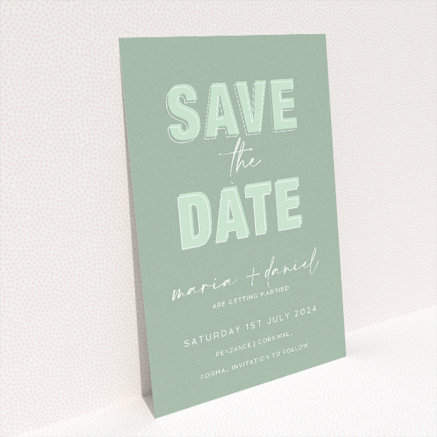 Sage Celebration wedding save the date card featuring contemporary sage green palette with bold sans-serif headline and delicate script for couple's names, evoking elegance and modernity for announcing the special day This is a view of the back