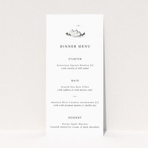 Understated Elegance Savoie Sketch Wedding Menu Design with Sketched Mountain Motif and Classic Black Typography. This is a view of the front