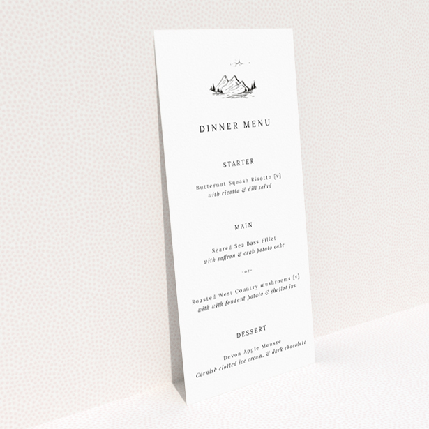Understated Elegance Savoie Sketch Wedding Menu Design with Sketched Mountain Motif and Classic Black Typography. This is a view of the back