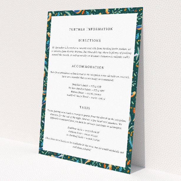 Wedding information insert card with charming nature-inspired celebration, vibrant foliage, songbirds in rich greens, blues, and oranges from the Songbird Serenade suite This image shows the front and back sides together
