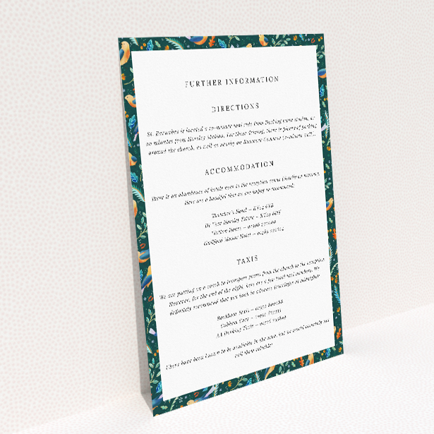 Wedding information insert card with charming nature-inspired celebration, vibrant foliage, songbirds in rich greens, blues, and oranges from the Songbird Serenade suite This image shows the front and back sides together
