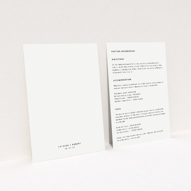 Wedding information insert card with modern elegance, minimalist aesthetic, clean white background, and graceful grey typeface from the Sophisticated Soirée suite This image shows the front and back sides together