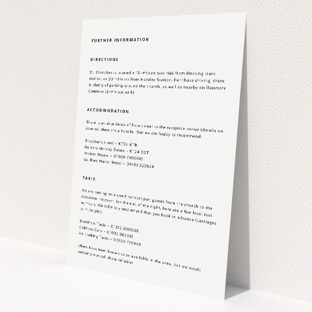 Wedding information insert card with modern elegance, minimalist aesthetic, clean white background, and graceful grey typeface from the Sophisticated Soirée suite This is a view of the front
