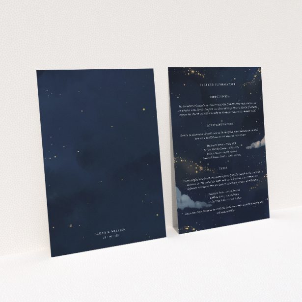 Wedding information insert card with deep navy hues, golden accents, celestial motifs, reflecting the enchantment of a celestial evening from the Starry, Starry Night suite This image shows the front and back sides together