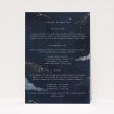 Wedding information insert card with deep navy hues, golden accents, celestial motifs, reflecting the enchantment of a celestial evening from the Starry, Starry Night suite This is a view of the front