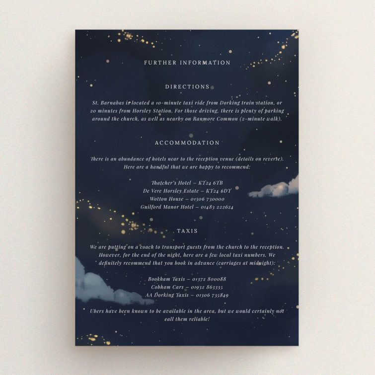 Wedding information insert card with deep navy hues, golden accents, celestial motifs, reflecting the enchantment of a celestial evening from the Starry, Starry Night suite This is a view of the front