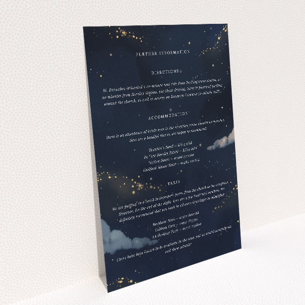 Wedding information insert card with deep navy hues, golden accents, celestial motifs, reflecting the enchantment of a celestial evening from the Starry, Starry Night suite This image shows the front and back sides together