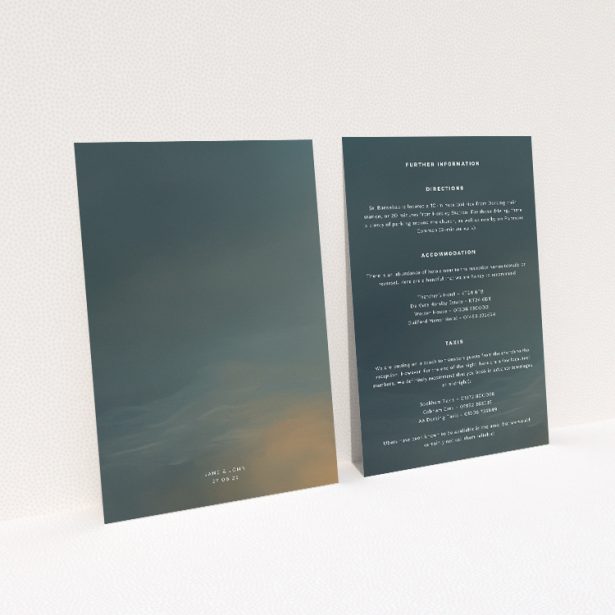 Wedding information insert card with sleek typography against a gradient background transitioning from deep grey to misty hues, part of the "Storm Monochrome" stationery suite This image shows the front and back sides together