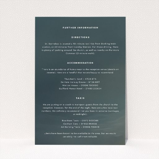Wedding information insert card with sleek typography against a gradient background transitioning from deep grey to misty hues, part of the "Storm Monochrome" stationery suite This is a view of the front