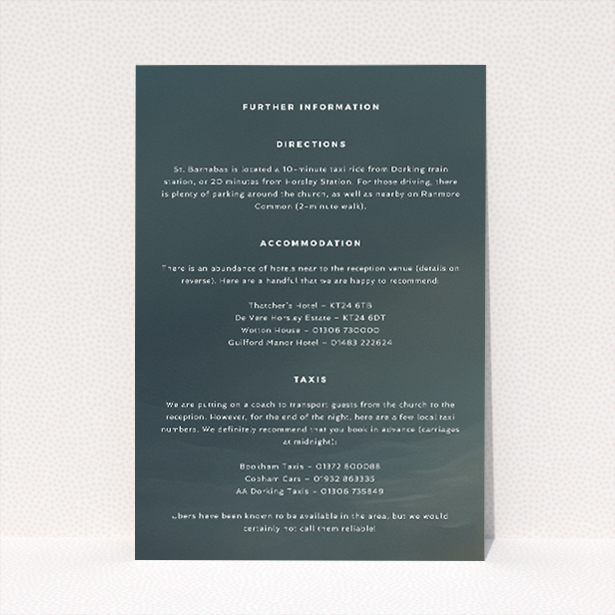 Wedding information insert card with sleek typography against a gradient background transitioning from deep grey to misty hues, part of the "Storm Monochrome" stationery suite This is a view of the front