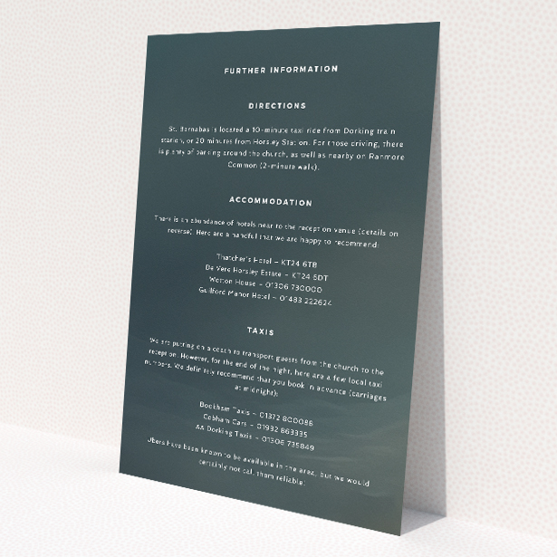 Wedding information insert card with sleek typography against a gradient background transitioning from deep grey to misty hues, part of the 'Storm Monochrome' stationery suite This is a view of the front