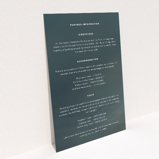 Wedding information insert card with sleek typography against a gradient background transitioning from deep grey to misty hues, part of the "Storm Monochrome" stationery suite This image shows the front and back sides together