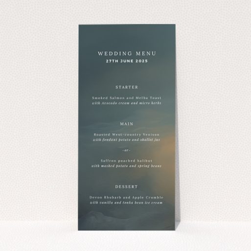 Sophisticated Storm Monochrome Wedding Menu Design with Minimalist Approach and Sleek Typography. This is a view of the front