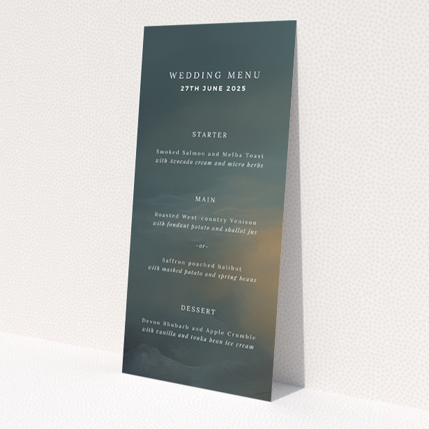 Sophisticated Storm Monochrome Wedding Menu Design with Minimalist Approach and Sleek Typography. This is a view of the back