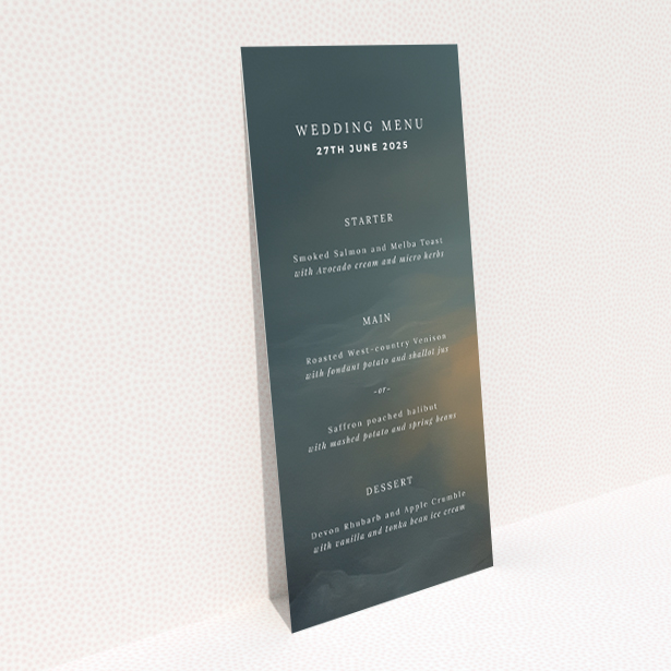 Sophisticated Storm Monochrome Wedding Menu Design with Minimalist Approach and Sleek Typography. This is a view of the back