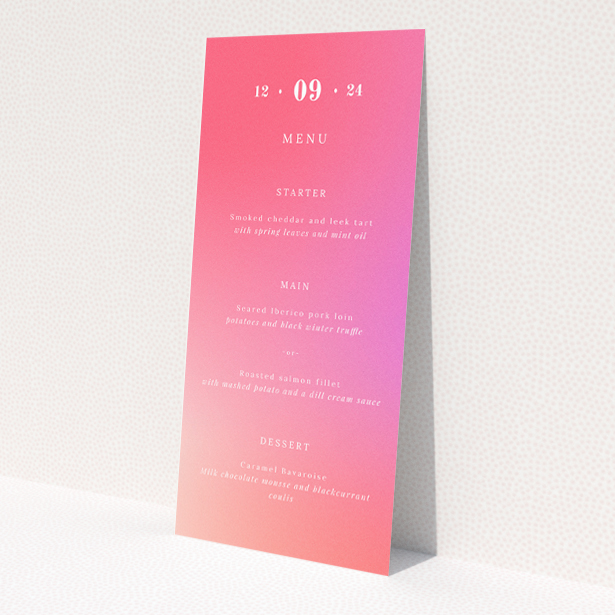Utterly Printable Sundown Warmth wedding menu with warm gradient hues, radiating elegance and tranquility This is a view of the front