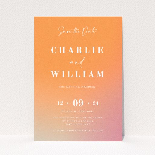 Sundown Warmth wedding save the date card featuring gradient hues from soft peach to rich coral, evoking the serene beauty of a dusky sky, with elegantly scripted "Save the Date" and bold centralised names of the couple, symbolising the transition into a new chapter of life This is a view of the front