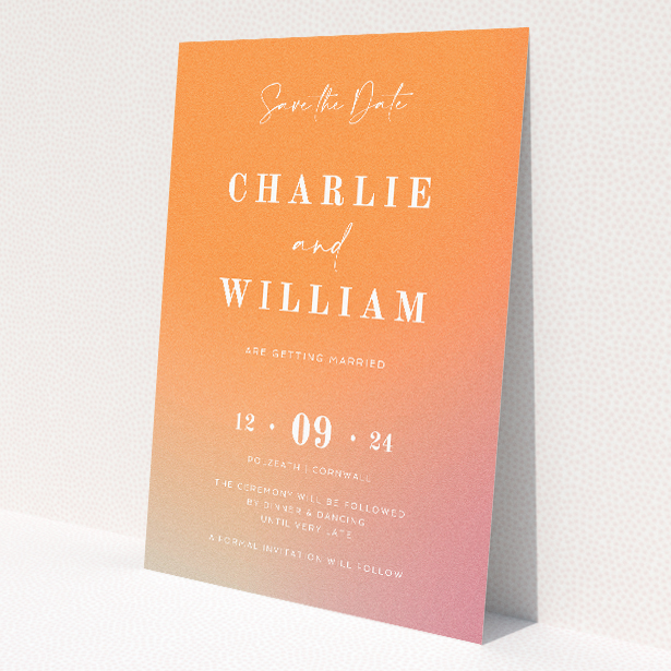 Sundown Warmth wedding save the date card featuring gradient hues from soft peach to rich coral, evoking the serene beauty of a dusky sky, with elegantly scripted 'Save the Date' and bold centralised names of the couple, symbolising the transition into a new chapter of life This is a view of the front