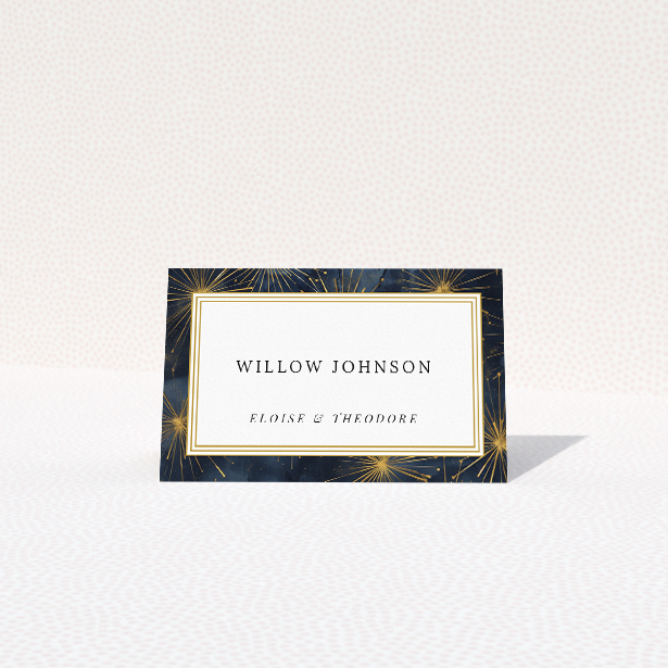 Supernova place cards - Celestial design with deep blue background and golden starbursts, reminiscent of a vibrant night sky. Opulent serif fonts and golden frames for grand wedding celebrations This is a view of the front