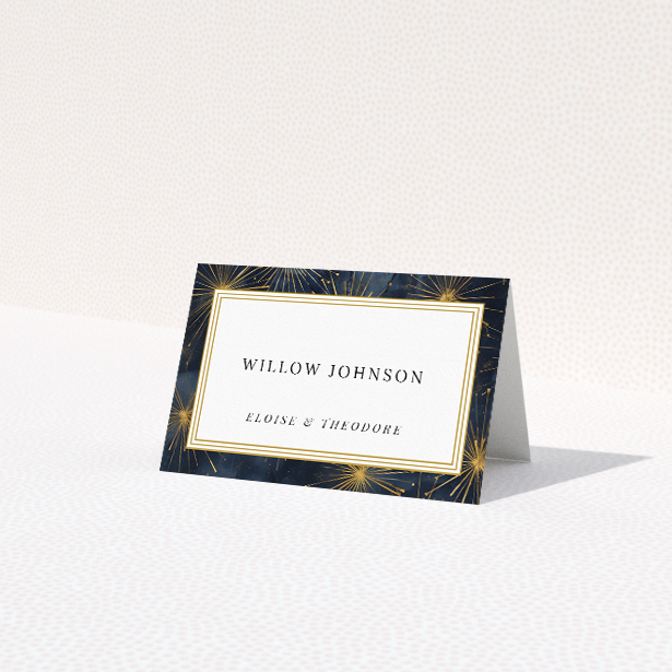 Supernova place cards - Celestial design with deep blue background and golden starbursts, reminiscent of a vibrant night sky. Opulent serif fonts and golden frames for grand wedding celebrations This is a view of the front